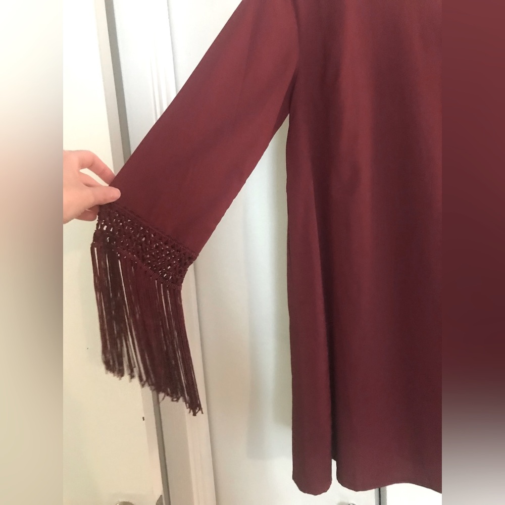 Wine Red Dress With Fringe Sleeves